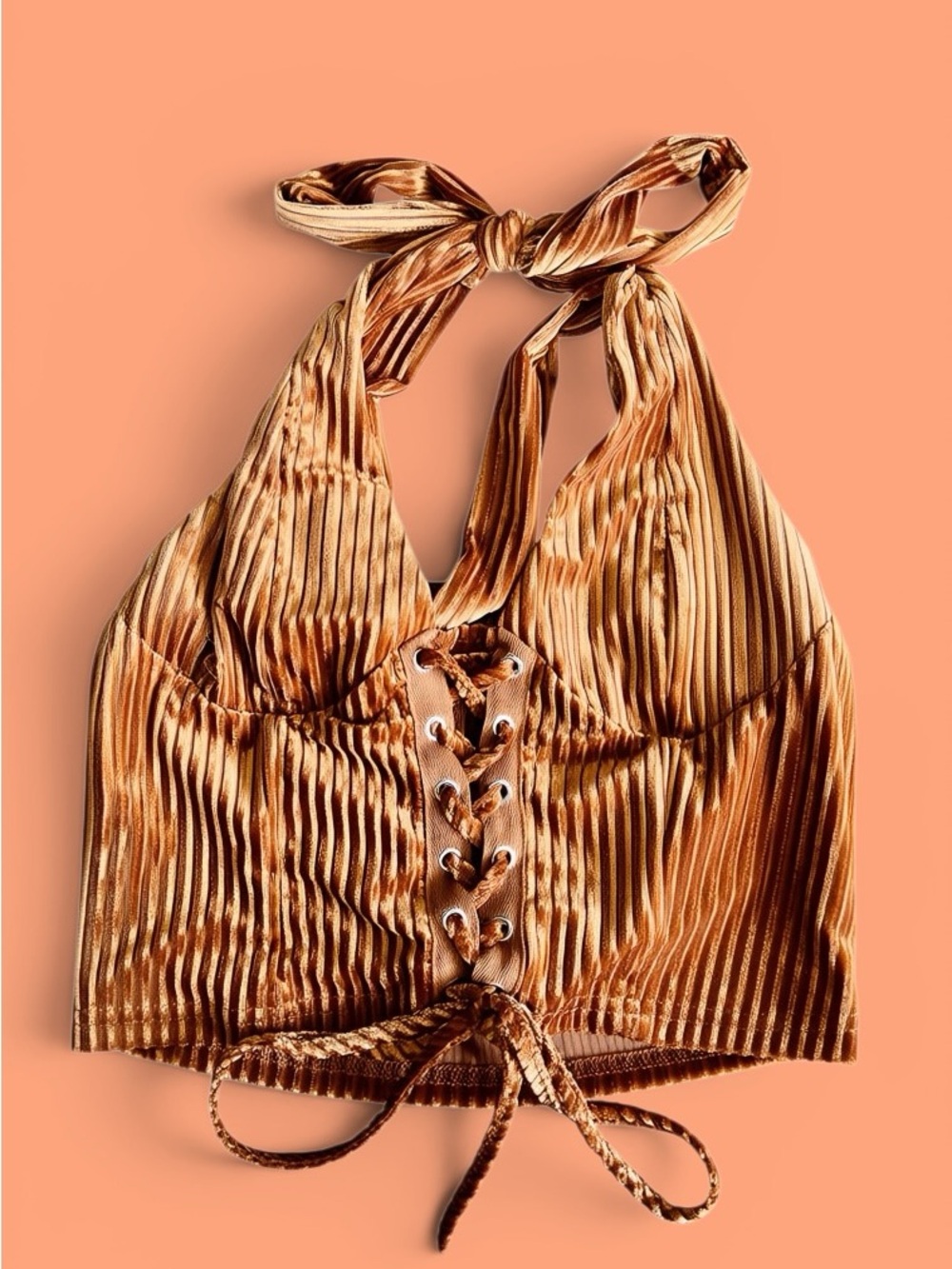 Women's Lace-Up Halter Crop Top in Bronze